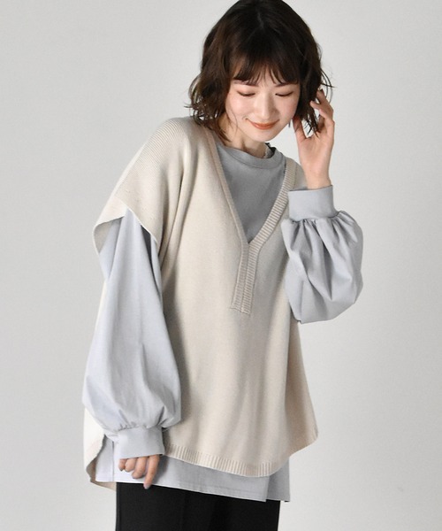 RETRO GIRL（レトロガール）の「ニットカフタンベスト（ベスト・レディース・ライトグレー/オフホワイト/グリーン・FREE）」の2枚目の写真