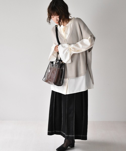 RETRO GIRL（レトロガール）の「ニットカフタンベスト（ベスト・レディース・ライトグレー/オフホワイト/グリーン・FREE）」の7枚目の写真