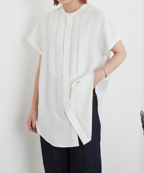 Aunt Marie's（アントマリーズ）の「ボザムピンタックハーフスリーブドレスシャツ（シャツ/ブラウス・レディース・ホワイト/ブラック/ダークグリーン・FREE）」の5枚目の写真