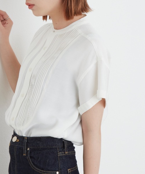 Aunt Marie's（アントマリーズ）の「ボザムピンタックハーフスリーブドレスシャツ（シャツ/ブラウス・レディース・ホワイト/ブラック/ダークグリーン・FREE）」の4枚目の写真