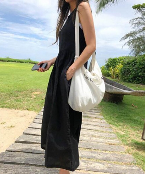 大人シルエット 綿麻 オールインワンノースリーブワンピース