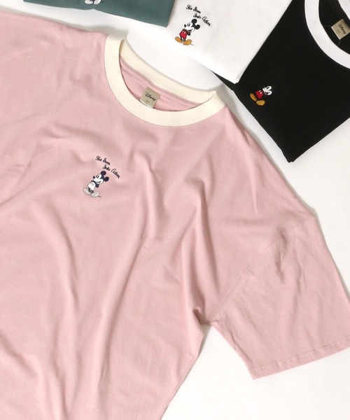 Disney(ディズニー)の「Disney Mickey/ディズニーミッキー リンガー キャラ アニメ ワンポイント刺繍Tシャツ(Tシャツ/カットソー)」 WEAR Disney(ディズニー)の「Disney Mickey/ディズニーミッキー リンガー キャラ アニメ ワンポイント刺繍Tシャツ(Tシャツ/カットソー)」 WEAR