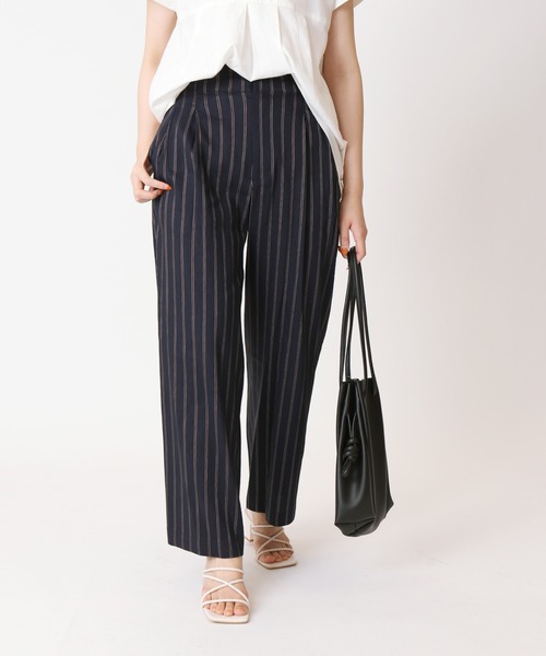 Simplicite（サンプリシテ）の「サイドバックル リネンストライプパンツ◆（スラックス・レディース・ネイビー/キャメル・FREE）」の2枚目の写真