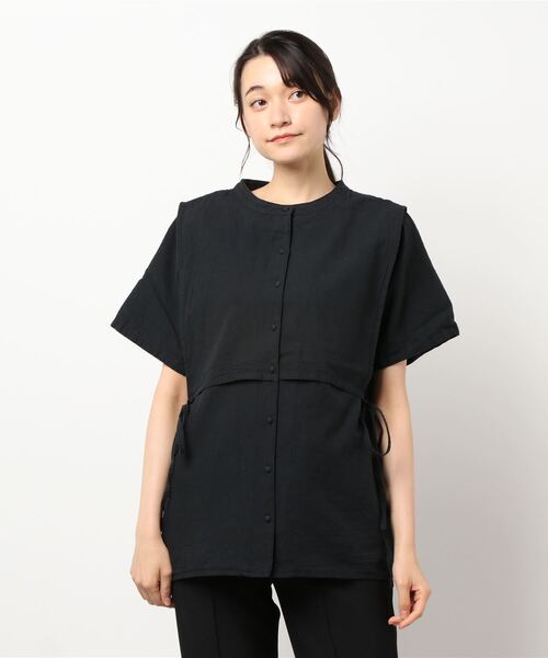 Samansa Mos2（サマンサ モスモス）の「レイヤード風バンドカラーブラウス（シャツ/ブラウス・レディース・ブラック/ベージュ/ミント・ﾌﾘ-）」の2枚目の写真