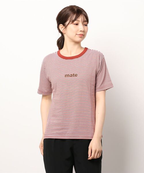 ehka sopo（エヘカソポ）の「細ボーダーロゴTシャツ（Tシャツ/カットソー・レディース・ブラック/ベージュ/レッド/グリーン・ﾌﾘ-）」の7枚目の写真