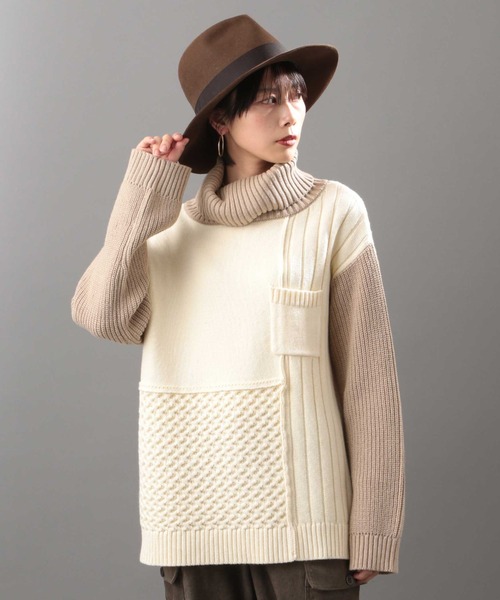 AVIREX（アヴィレックス）の「タートルカラーコンビ ニットトップス/ TURTLE COLOR COMBI KNIT TOPS（ニット/セーター・レディース・ブラック/オフホワイト/オリーブ・FREE）」の2枚目の写真