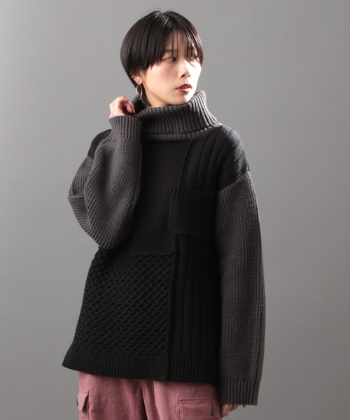 AVIREX（アヴィレックス）の「タートルカラーコンビ ニットトップス/ TURTLE COLOR COMBI KNIT TOPS（ニット/セーター・レディース・ブラック/オフホワイト/オリーブ・FREE）」の3枚目の写真