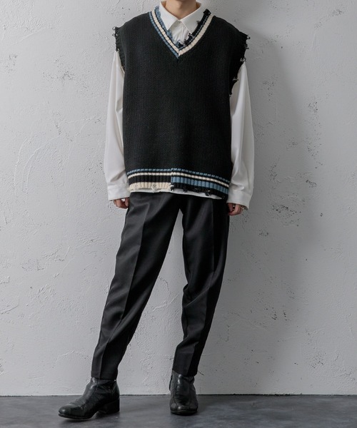 Adoon plain（アドーンプレーン）の「【Adoon plain】ラインダメージニットベスト（ベスト・メンズ・ブラック/グリーン・MEDIUM/LARGE）」の3枚目の写真