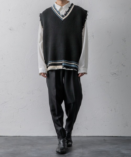 Adoon plain（アドーンプレーン）の「【Adoon plain】ラインダメージニットベスト（ベスト・メンズ・ブラック/グリーン・MEDIUM/LARGE）」の18枚目の写真