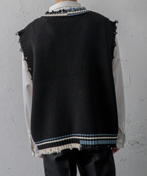 Adoon plain（アドーンプレーン）の「【Adoon plain】ラインダメージニットベスト（ベスト・メンズ・ブラック/グリーン・MEDIUM/LARGE）」の21枚目の写真