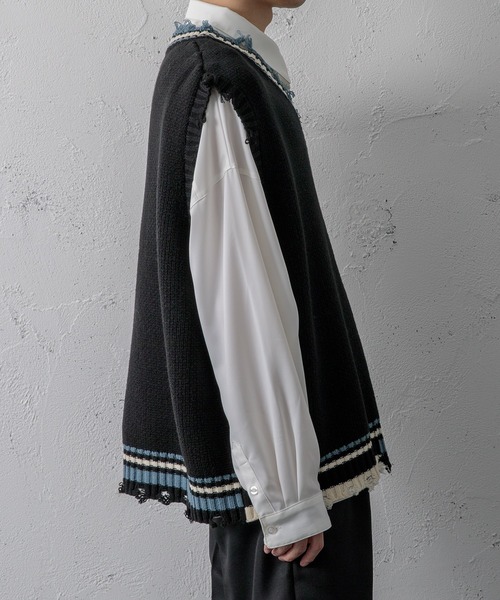 Adoon plain（アドーンプレーン）の「【Adoon plain】ラインダメージニットベスト（ベスト・メンズ・ブラック/グリーン・MEDIUM/LARGE）」の11枚目の写真