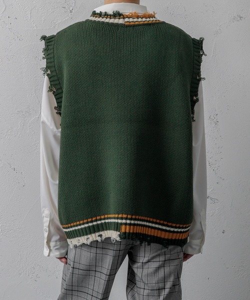 Adoon plain（アドーンプレーン）の「【Adoon plain】ラインダメージニットベスト（ベスト・メンズ・ブラック/グリーン・MEDIUM/LARGE）」の8枚目の写真