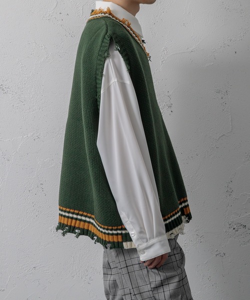 Adoon plain（アドーンプレーン）の「【Adoon plain】ラインダメージニットベスト（ベスト・メンズ・ブラック/グリーン・MEDIUM/LARGE）」の14枚目の写真