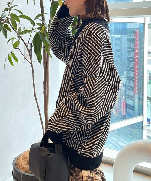 AS KNOW AS PINKY（アズノゥアズピンキー）の「リブで見せてヘリンボーンカーディガン（カーディガン/ボレロ・レディース・ブラック/ベージュ・FREE）」の6枚目の写真