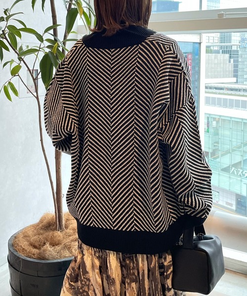 AS KNOW AS PINKY（アズノゥアズピンキー）の「リブで見せてヘリンボーンカーディガン（カーディガン/ボレロ・レディース・ブラック/ベージュ・FREE）」の7枚目の写真