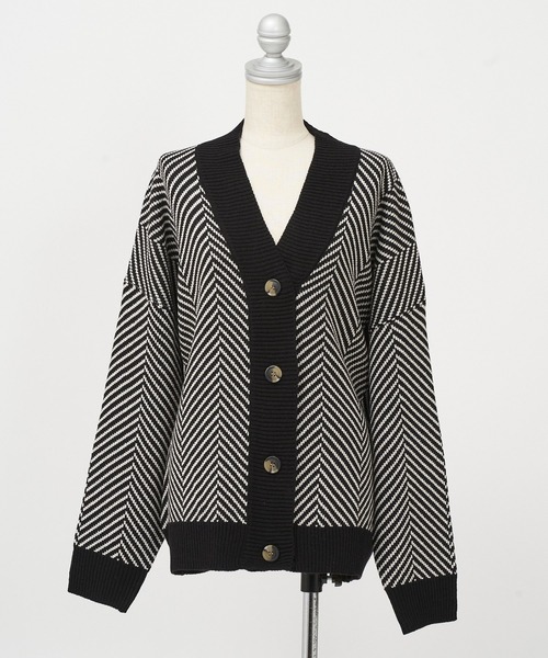 AS KNOW AS PINKY（アズノゥアズピンキー）の「リブで見せてヘリンボーンカーディガン（カーディガン/ボレロ・レディース・ブラック/ベージュ・FREE）」の8枚目の写真