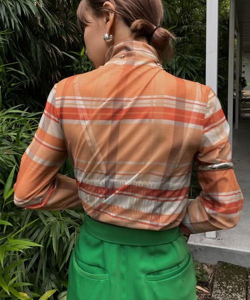 Ameri（アメリ）の「SHEER CHECK HIGH NECK CUT TOP（Tシャツ