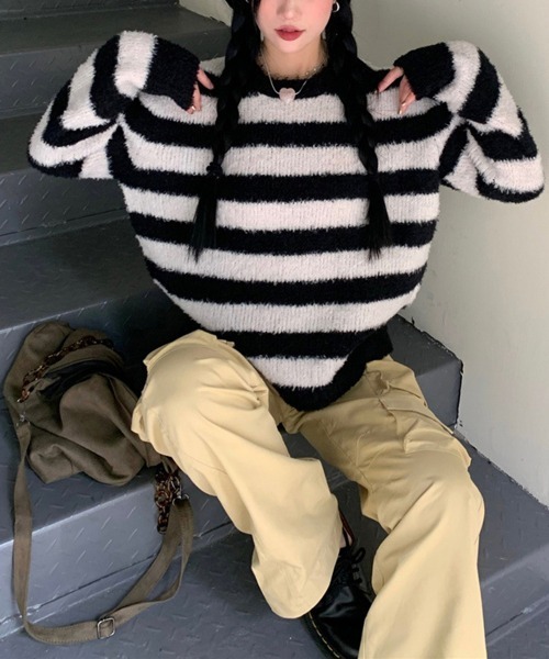 by muni:r(バイ ムニール)の「ボーダー長袖ニット(ニット/セーター・レディース・ブルー/ブラック・FREE)」の9枚目の写真