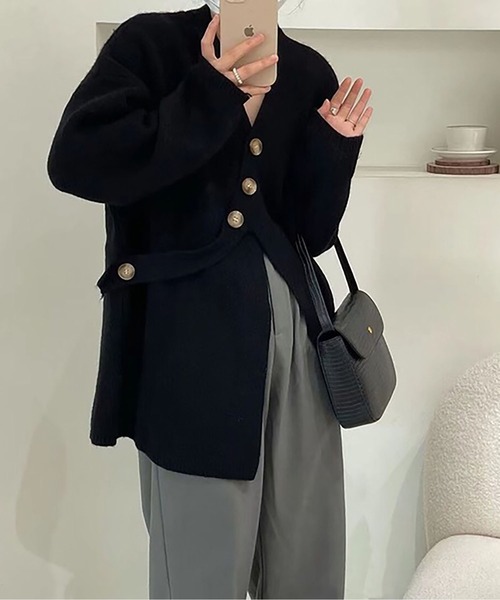 LOPASS(ロパス)の「ノーカラーVネックカーディガン(カーディガン/ボレロ・レディース・アイボリー/ブルー/グレー/Mustard/ブラック・FREE)」の3枚目の写真