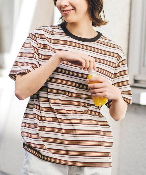 USEDo（ユーズド）の「古着屋さんで見つけたような　やわらか綿混素材のレトロボーダー半袖Ｔシャツ（Tシャツ/カットソー・メンズ・グリーン系その他/ネイビー/ブルー・1/2/3）」の4枚目の写真