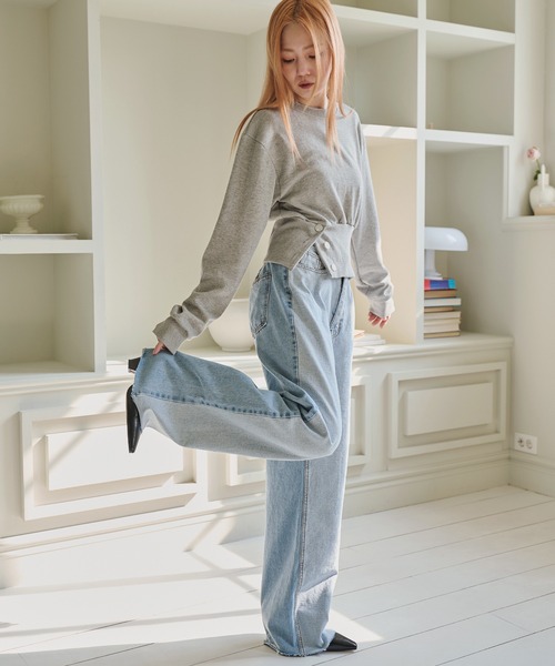 UNE MANSION（ユヌマンション）の「バイカラーカットオフストレートデニムパンツ（デニムパンツ・レディース・ライトブルー/ブラック・SMALL/MEDIUM/LARGE）」の11枚目の写真