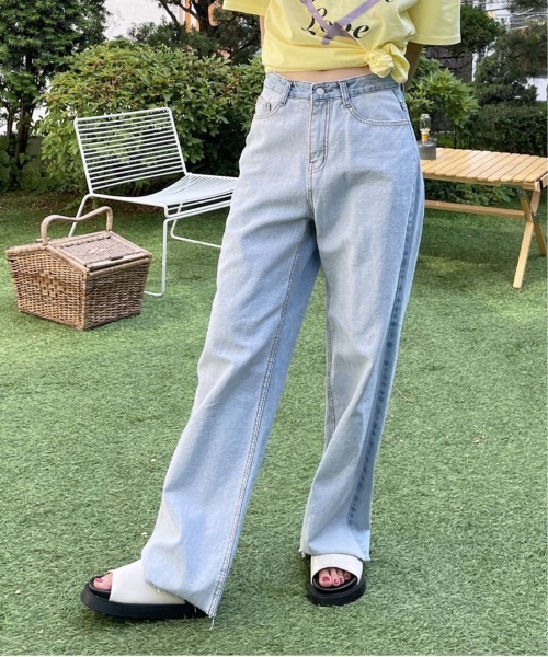 セール】バイカラーカットオフストレートデニムパンツ（デニム