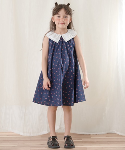 Lycee mine(リセマイン)の「コットンふりふりノースリーブワンピース(シャツワンピース・キッズ・ネイビー/ミント/ラベンダー/アイボリー・100cm/110cm/120cm/130cm/140cm/150cm)」の3枚目の写真