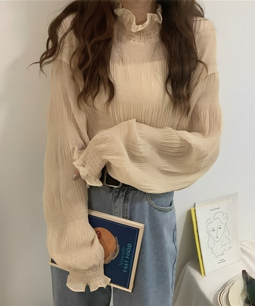 Chaco closet(チャコ クローゼット)の「シアーフリルハイネックシフォンブラウス(Tシャツ/カットソー・レディース・アイボリー/ブラック/ホワイト・FREE)」の4枚目の写真
