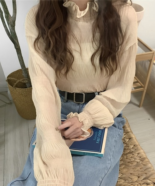Chaco closet(チャコ クローゼット)の「シアーフリルハイネックシフォンブラウス(Tシャツ/カットソー・レディース・アイボリー/ブラック/ホワイト・FREE)」の5枚目の写真