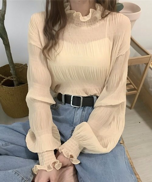Chaco closet(チャコ クローゼット)の「シアーフリルハイネックシフォンブラウス(Tシャツ/カットソー・レディース・アイボリー/ブラック/ホワイト・FREE)」の6枚目の写真