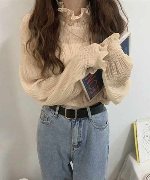 Chaco closet(チャコ クローゼット)の「シアーフリルハイネックシフォンブラウス(Tシャツ/カットソー・レディース・アイボリー/ブラック/ホワイト・FREE)」の7枚目の写真