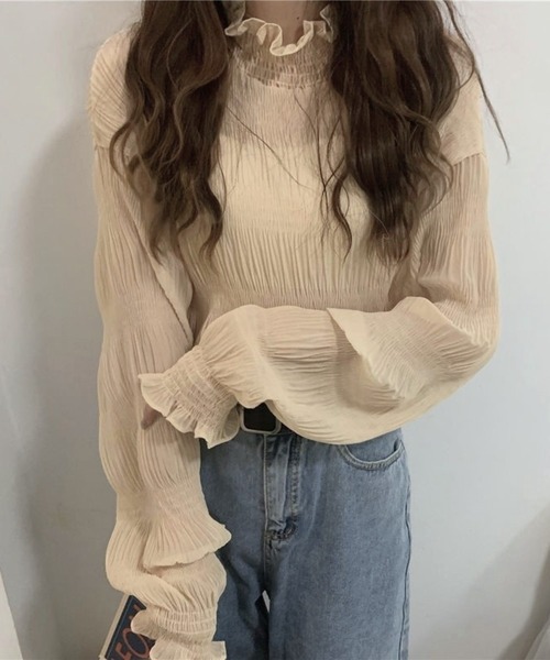 Chaco closet(チャコ クローゼット)の「シアーフリルハイネックシフォンブラウス(Tシャツ/カットソー・レディース・アイボリー/ブラック/ホワイト・FREE)」の8枚目の写真
