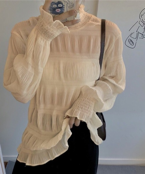 Chaco closet(チャコ クローゼット)の「シアーフリルハイネックシフォンブラウス(Tシャツ/カットソー・レディース・アイボリー/ブラック/ホワイト・FREE)」の10枚目の写真