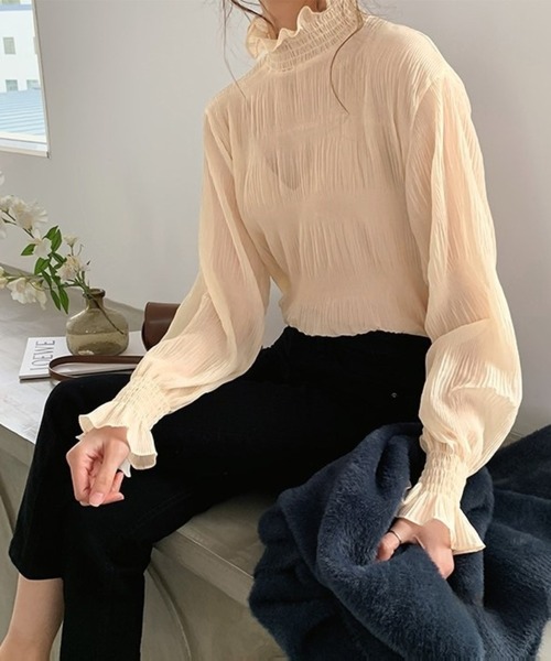 Chaco closet(チャコ クローゼット)の「シアーフリルハイネックシフォンブラウス(Tシャツ/カットソー・レディース・アイボリー/ブラック/ホワイト・FREE)」の11枚目の写真