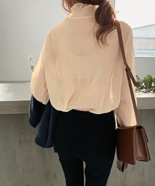 Chaco closet(チャコ クローゼット)の「シアーフリルハイネックシフォンブラウス(Tシャツ/カットソー・レディース・アイボリー/ブラック/ホワイト・FREE)」の12枚目の写真