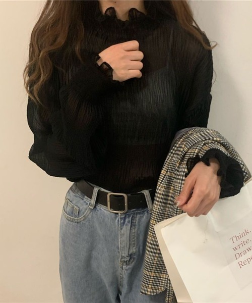 Chaco closet(チャコ クローゼット)の「シアーフリルハイネックシフォンブラウス(Tシャツ/カットソー・レディース・アイボリー/ブラック/ホワイト・FREE)」の14枚目の写真