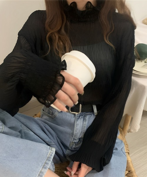 Chaco closet(チャコ クローゼット)の「シアーフリルハイネックシフォンブラウス(Tシャツ/カットソー・レディース・アイボリー/ブラック/ホワイト・FREE)」の19枚目の写真