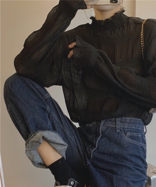 Chaco closet(チャコ クローゼット)の「シアーフリルハイネックシフォンブラウス(Tシャツ/カットソー・レディース・アイボリー/ブラック/ホワイト・FREE)」の20枚目の写真