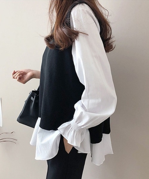 MILAE（ミレ）の「2点セット バックスリットニットベスト＆キャンディースリーブブラウス（シャツ/ブラウス・レディース・ブラック/ネイビー/グレー/ネイビー系・S/M/L）」の7枚目の写真