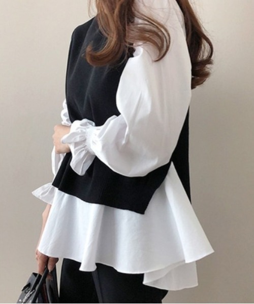 MILAE（ミレ）の「2点セット バックスリットニットベスト＆キャンディースリーブブラウス（シャツ/ブラウス・レディース・ブラック/ネイビー/グレー/ネイビー系・S/M/L）」の8枚目の写真