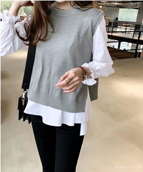 MILAE（ミレ）の「2点セット バックスリットニットベスト＆キャンディースリーブブラウス（シャツ/ブラウス・レディース・ブラック/ネイビー/グレー/ネイビー系・S/M/L）」の11枚目の写真