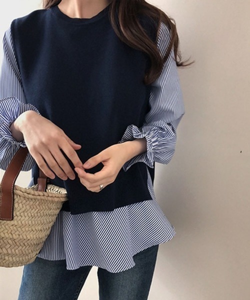 MILAE（ミレ）の「2点セット バックスリットニットベスト＆キャンディースリーブブラウス（シャツ/ブラウス・レディース・ブラック/ネイビー/グレー/ネイビー系・S/M/L）」の21枚目の写真