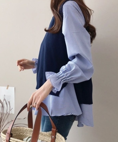 MILAE（ミレ）の「2点セット バックスリットニットベスト＆キャンディースリーブブラウス（シャツ/ブラウス・レディース・ブラック/ネイビー/グレー/ネイビー系・S/M/L）」の22枚目の写真