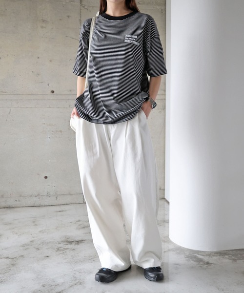 ANME(アンメ)の「【新サイズ追加】ANMEエンブロイダリーロゴボーダー半袖Tシャツ(Tシャツ/カットソー・レディース・ブラック/ネイビー/オフホワイト・M/L/XL/XXL/S)」の9枚目の写真