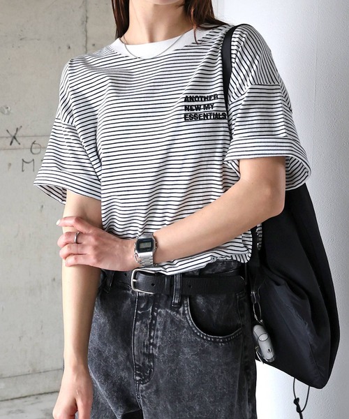 ANME(アンメ)の「【新サイズ追加】ANMEエンブロイダリーロゴボーダー半袖Tシャツ(Tシャツ/カットソー・レディース・ブラック/ネイビー/オフホワイト・M/L/XL/XXL/S)」の7枚目の写真