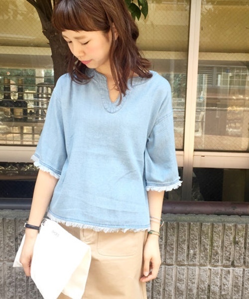 Kastane（カスタネ）の「スキッパーフリンジトップス（シャツ/ブラウス・レディース・キャメル/ベージュ/インディゴブルー・FREE）」の3枚目の写真