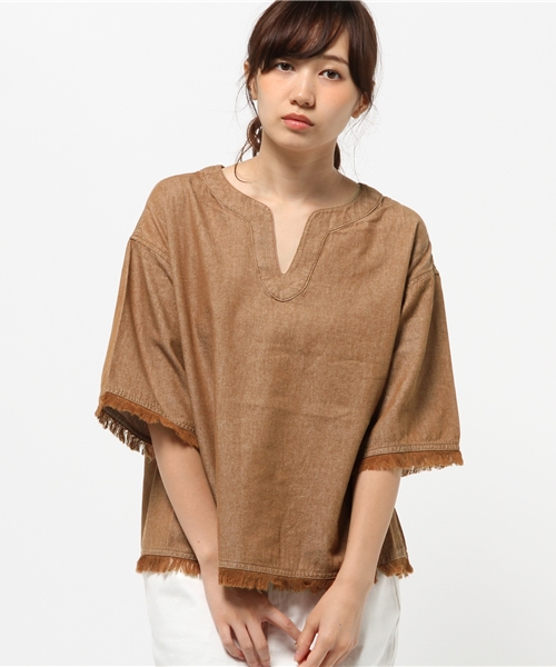 Kastane（カスタネ）の「スキッパーフリンジトップス（シャツ/ブラウス・レディース・キャメル/ベージュ/インディゴブルー・FREE）」の4枚目の写真