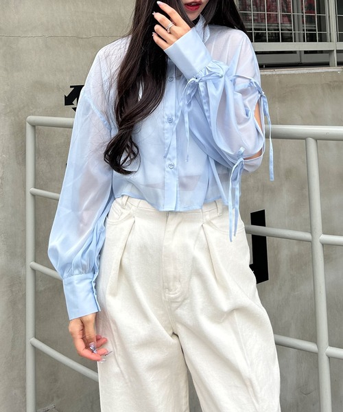 INGNI（イング）の「袖リボンラメシアーショートシャツ（シャツ/ブラウス・レディース・サックスブルー/アイボリー/ピンク/グレー/ミント・M）」の19枚目の写真