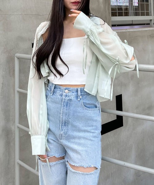 INGNI（イング）の「袖リボンラメシアーショートシャツ（シャツ/ブラウス・レディース・サックスブルー/アイボリー/ピンク/グレー/ミント・M）」の15枚目の写真