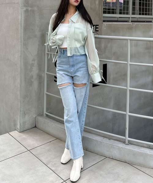 INGNI（イング）の「袖リボンラメシアーショートシャツ（シャツ/ブラウス・レディース・サックスブルー/アイボリー/ピンク/グレー/ミント・M）」の17枚目の写真